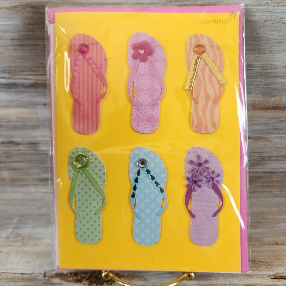 Papyrus Blank Greeting Card 3D Flip Flops Summer Beach Theme Pink Envelope NEW